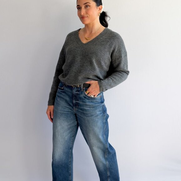 Women’s Grey V-Neck Sweater – Soft Knit Lightweight Pullover - Picture 6 of 9